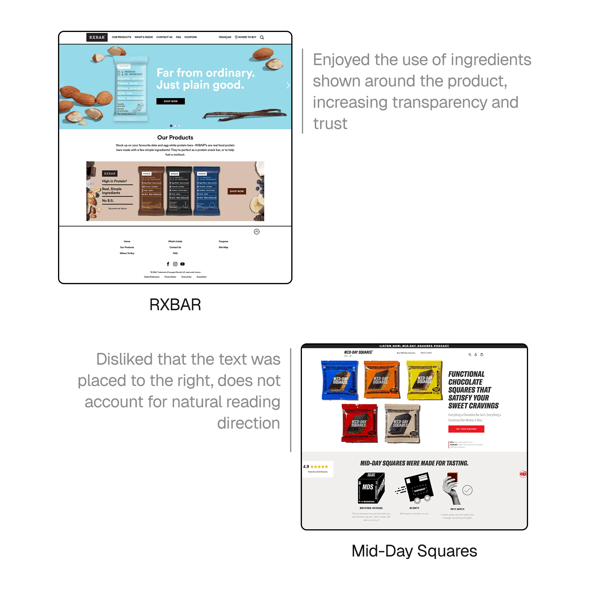 Screenshot of competitor websites annotated with design notes